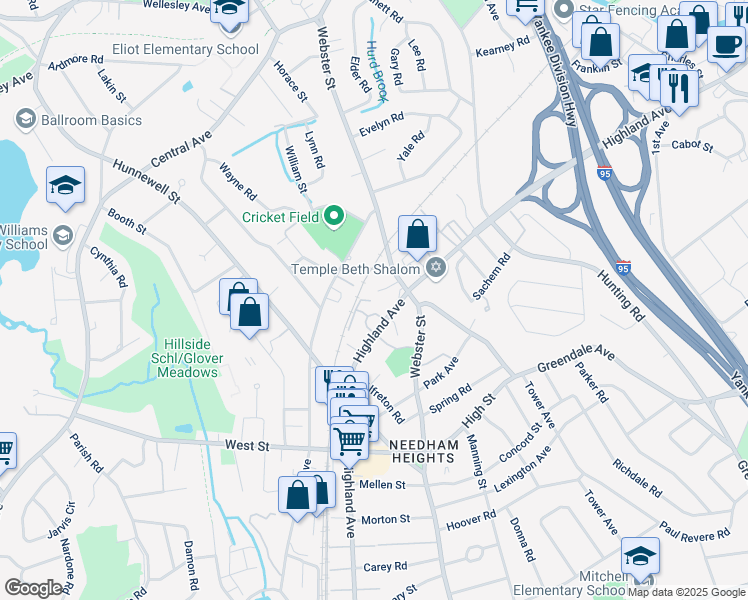 map of restaurants, bars, coffee shops, grocery stores, and more near 757 Highland Avenue in Needham