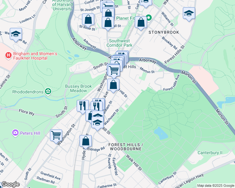 map of restaurants, bars, coffee shops, grocery stores, and more near 19 Weld Hill Street in Boston