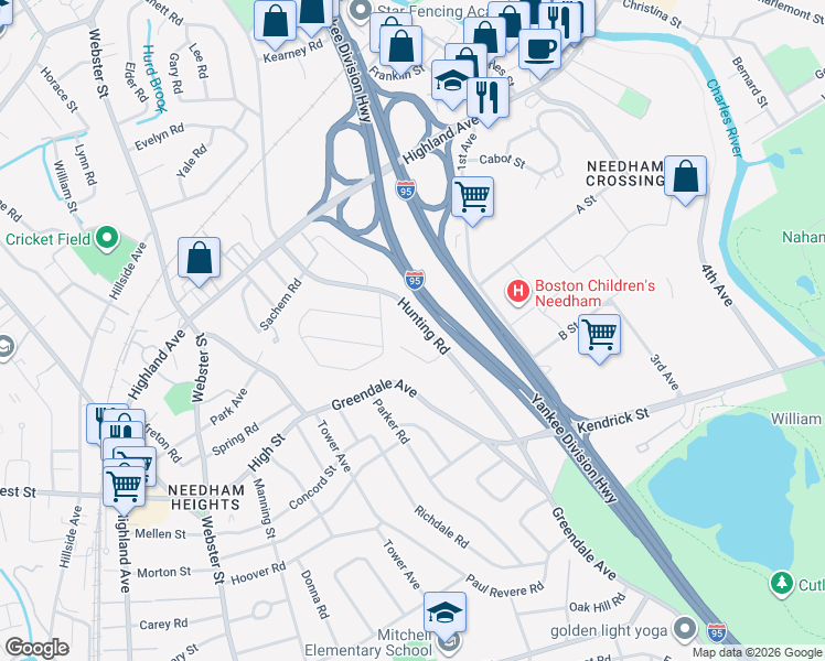 map of restaurants, bars, coffee shops, grocery stores, and more near 115 Hunting Road in Needham