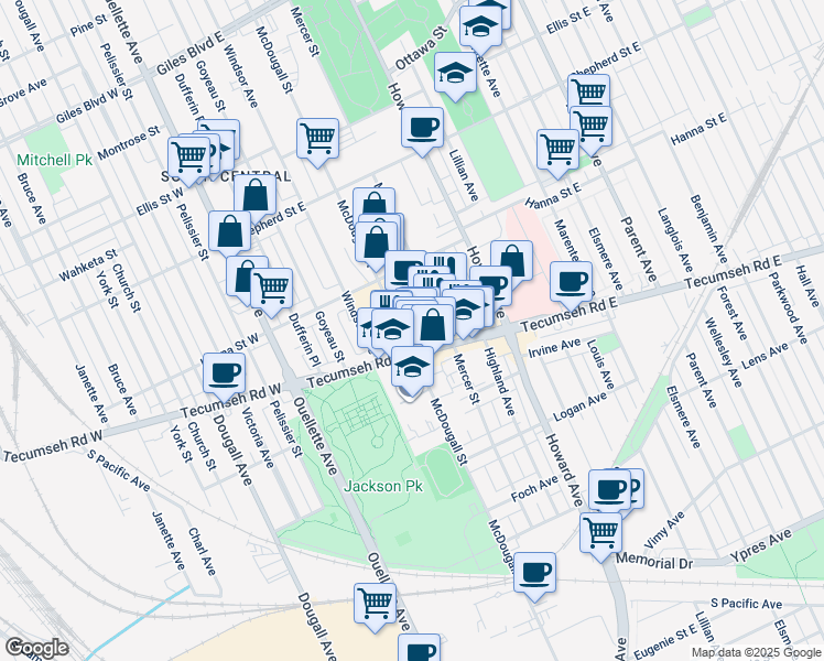 map of restaurants, bars, coffee shops, grocery stores, and more near 300 Tecumseh Road East in Windsor