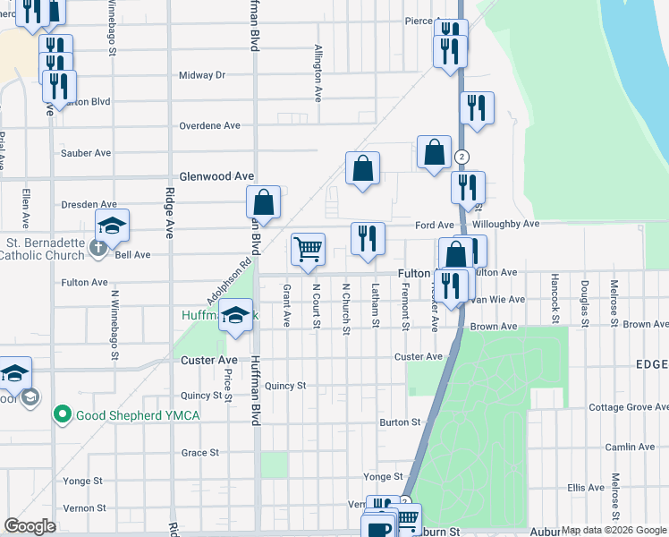 map of restaurants, bars, coffee shops, grocery stores, and more near 2421 North Court Street in Rockford