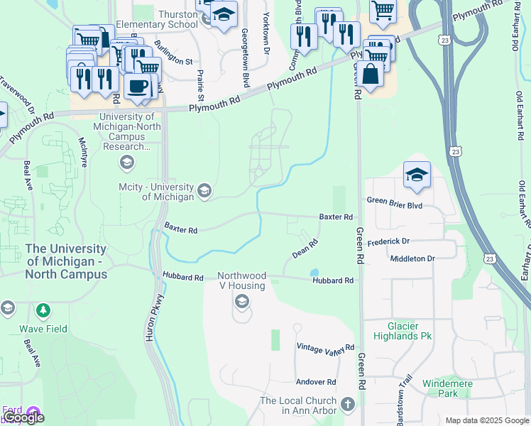 map of restaurants, bars, coffee shops, grocery stores, and more near 3350 Baxter Road in Ann Arbor