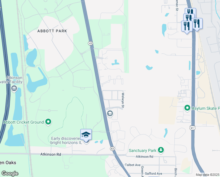 map of restaurants, bars, coffee shops, grocery stores, and more near 30015 Waukegan Road in Lake Bluff