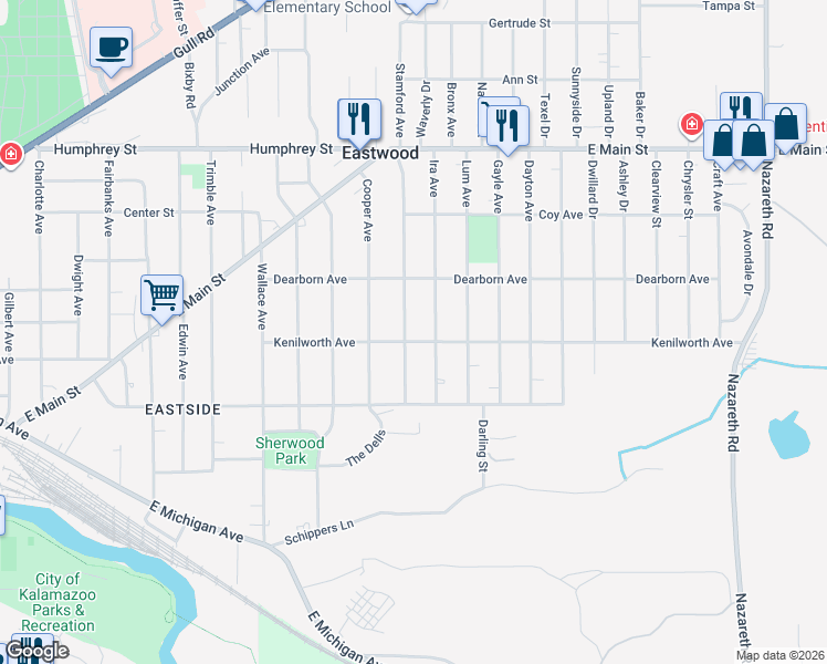 map of restaurants, bars, coffee shops, grocery stores, and more near 628 Washburn Avenue in Kalamazoo