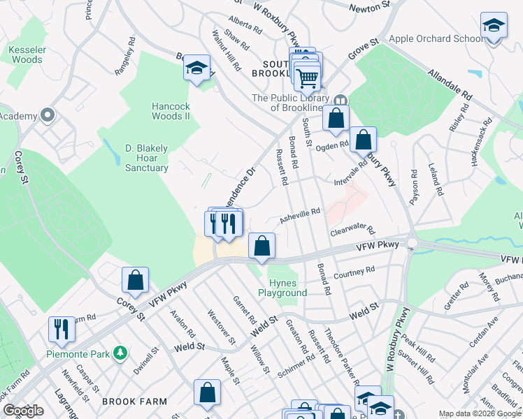 map of restaurants, bars, coffee shops, grocery stores, and more near 91 Thornton Road in Brookline