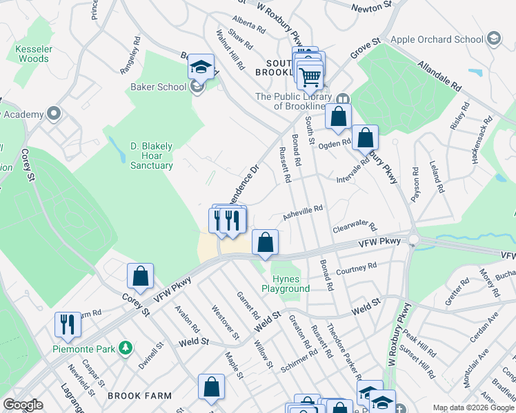 map of restaurants, bars, coffee shops, grocery stores, and more near 91 Thornton Road in Brookline