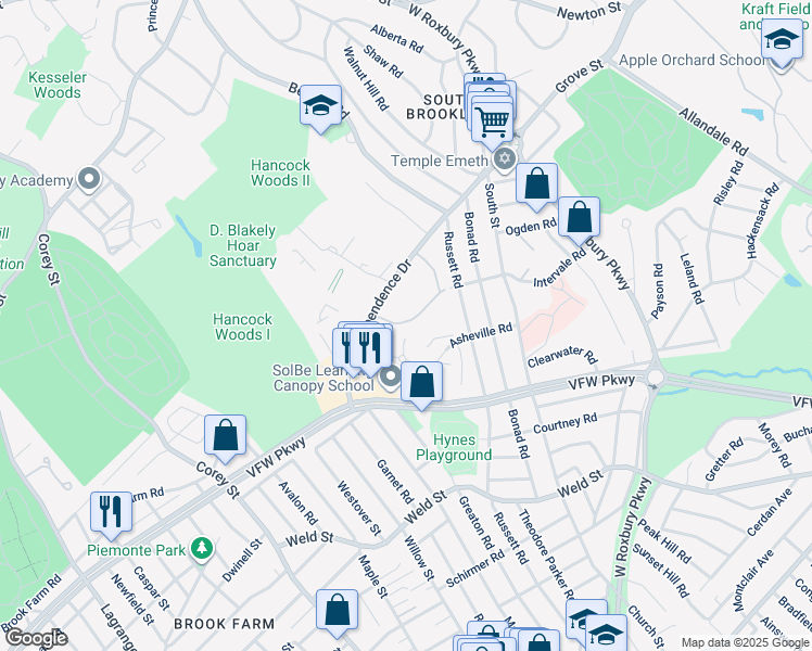 map of restaurants, bars, coffee shops, grocery stores, and more near 91 Thornton Road in Brookline