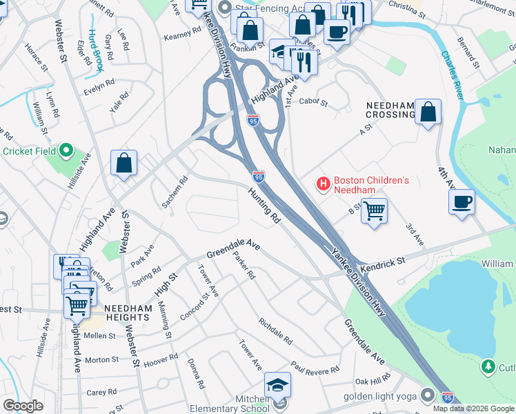 map of restaurants, bars, coffee shops, grocery stores, and more near 115 Hunting Road in Needham