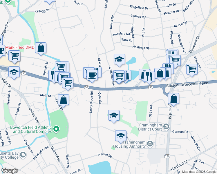 map of restaurants, bars, coffee shops, grocery stores, and more near 541 Massachusetts 30 in Framingham