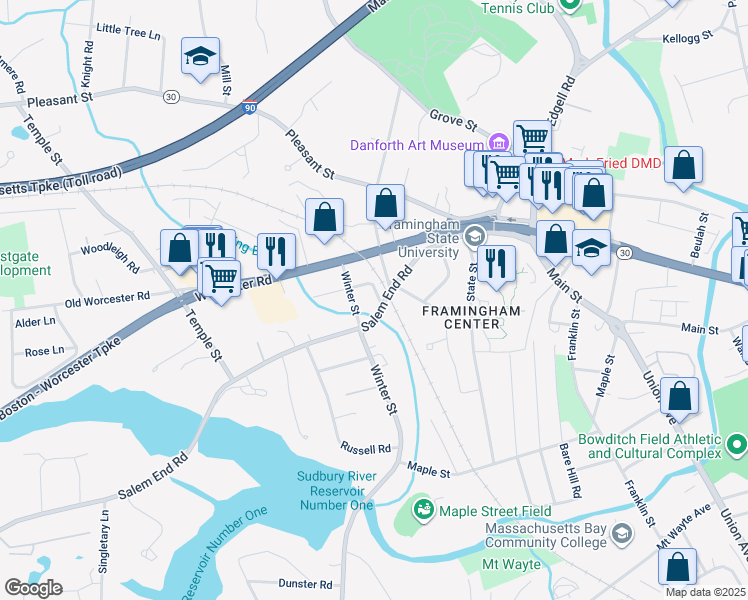 map of restaurants, bars, coffee shops, grocery stores, and more near 11 Mayhew Street in Framingham