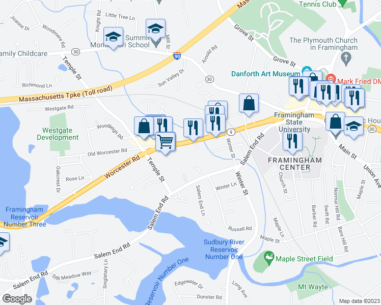 map of restaurants, bars, coffee shops, grocery stores, and more near 1199 Worcester Road in Framingham