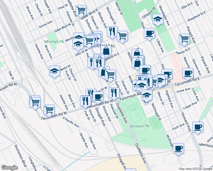 map of restaurants, bars, coffee shops, grocery stores, and more near 1584 Ouellette Avenue in Windsor