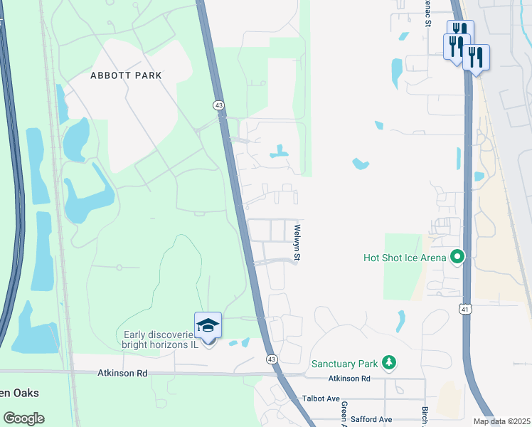 map of restaurants, bars, coffee shops, grocery stores, and more near 30015 Waukegan Road in Lake Bluff