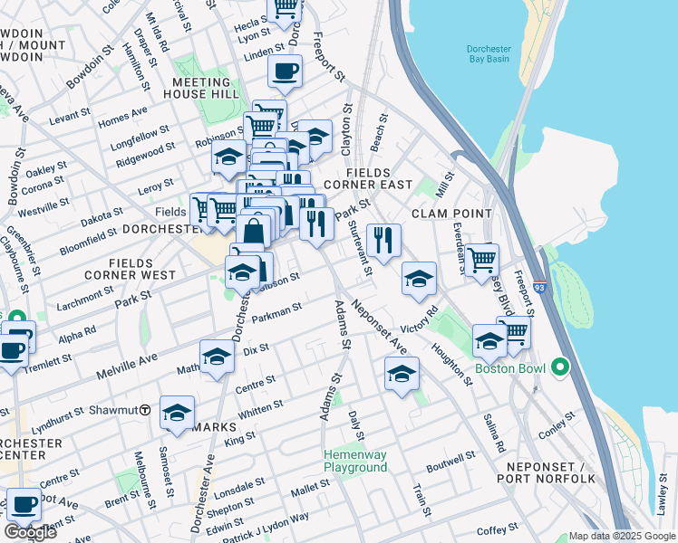 map of restaurants, bars, coffee shops, grocery stores, and more near 326 Adams Street in Boston