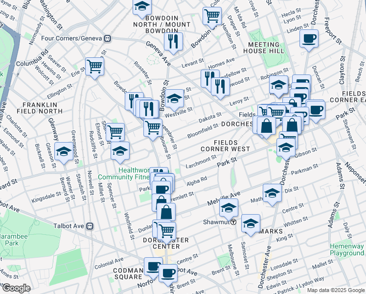 map of restaurants, bars, coffee shops, grocery stores, and more near 94 Bloomfield Street in Boston