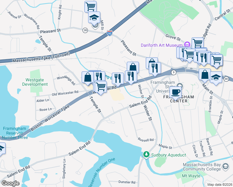 map of restaurants, bars, coffee shops, grocery stores, and more near 1199 Worcester Road in Framingham