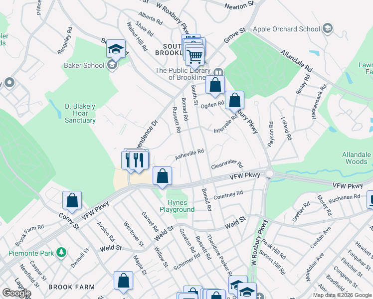 map of restaurants, bars, coffee shops, grocery stores, and more near 291 Russett Road in Brookline
