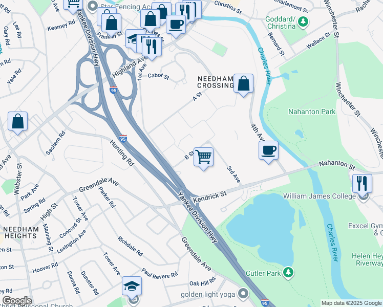 map of restaurants, bars, coffee shops, grocery stores, and more near 80 B Street in Needham