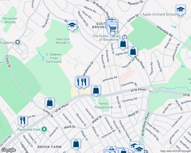 map of restaurants, bars, coffee shops, grocery stores, and more near 91 Thornton Road in Brookline