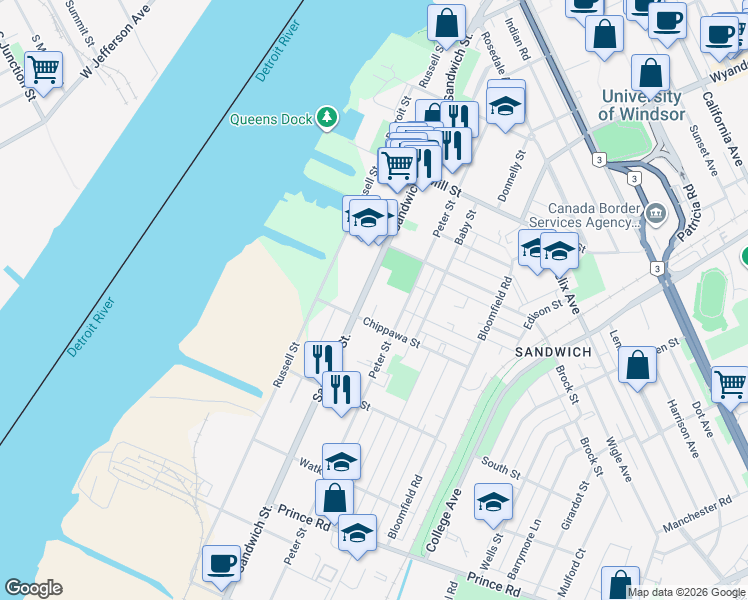 map of restaurants, bars, coffee shops, grocery stores, and more near 3371 Sandwich Street in Windsor