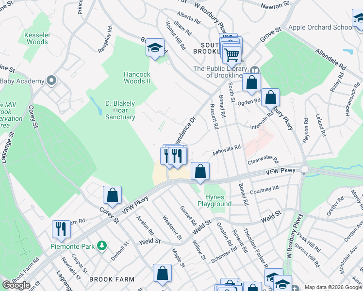 map of restaurants, bars, coffee shops, grocery stores, and more near 180 Thornton Road in Brookline