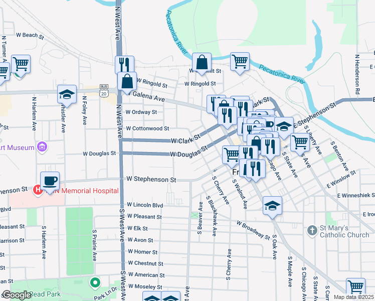 map of restaurants, bars, coffee shops, grocery stores, and more near 417 West Clark Street in Freeport