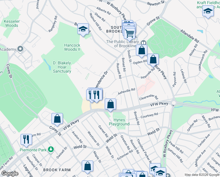 map of restaurants, bars, coffee shops, grocery stores, and more near 91 Thornton Road in Brookline