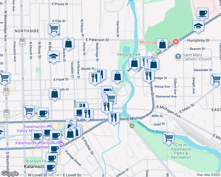 map of restaurants, bars, coffee shops, grocery stores, and more near 615 Harrison Street in Kalamazoo