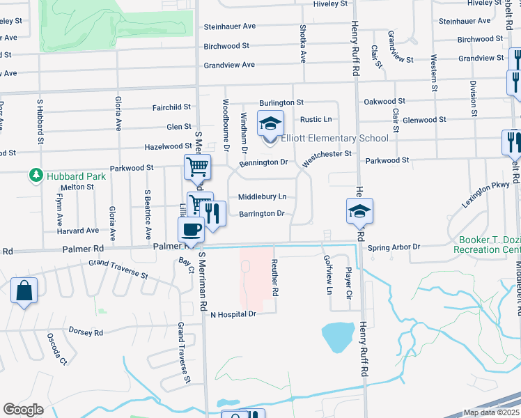 map of restaurants, bars, coffee shops, grocery stores, and more near 30857 Middlebury Street in Westland