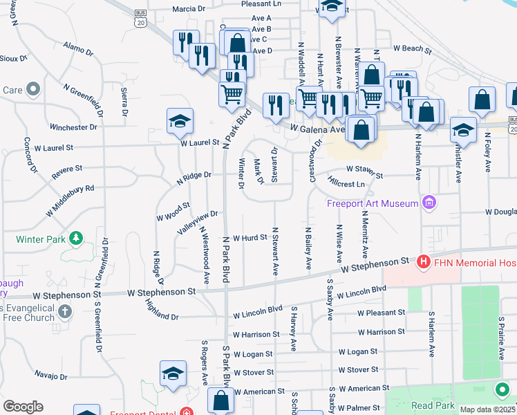 map of restaurants, bars, coffee shops, grocery stores, and more near 1471 Winter Drive in Freeport