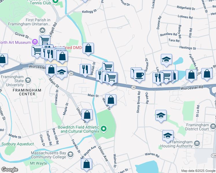 map of restaurants, bars, coffee shops, grocery stores, and more near 686 Worcester Road in Framingham