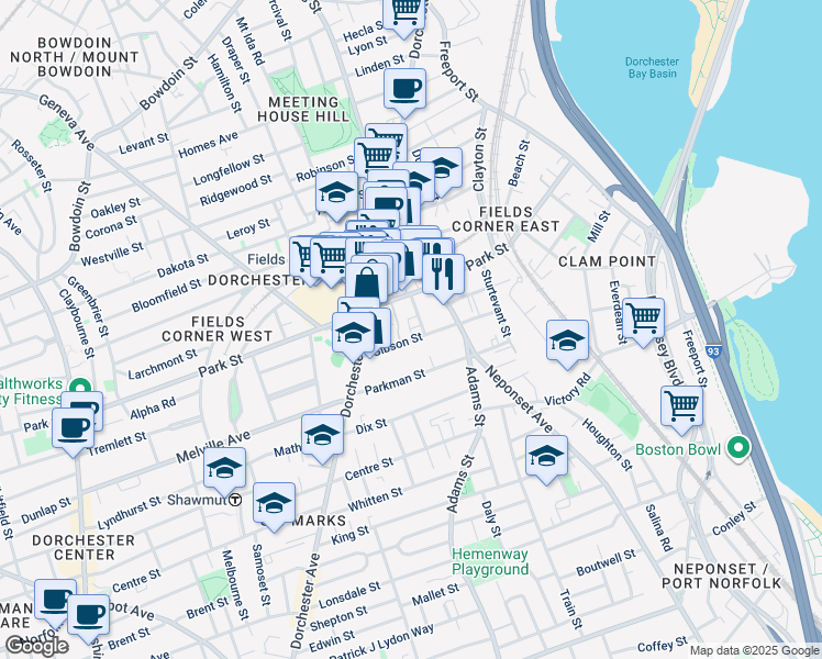 map of restaurants, bars, coffee shops, grocery stores, and more near 50 Gibson Street in Boston
