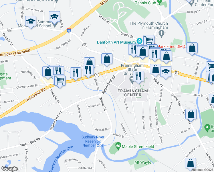map of restaurants, bars, coffee shops, grocery stores, and more near 59 Salem End Road in Framingham