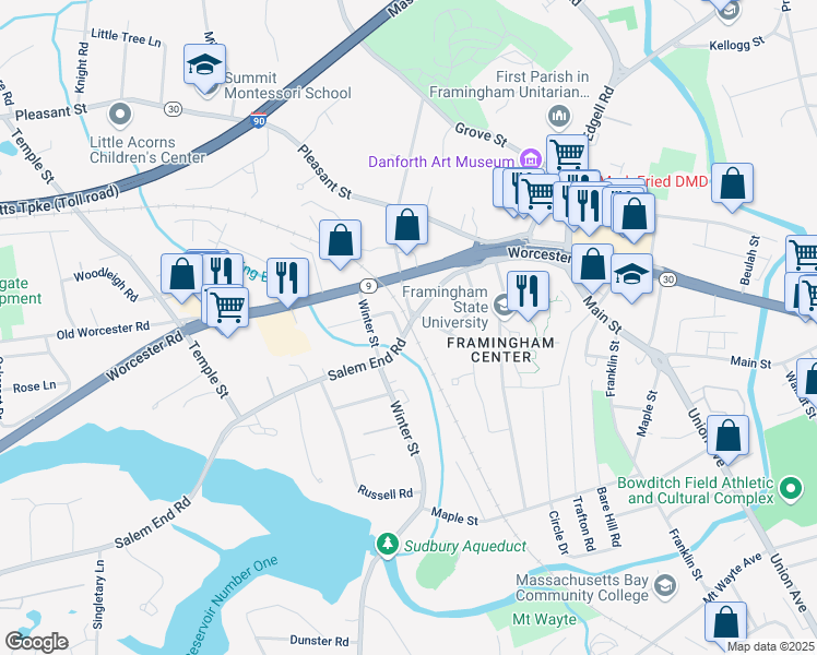 map of restaurants, bars, coffee shops, grocery stores, and more near 52 Salem End Road in Framingham