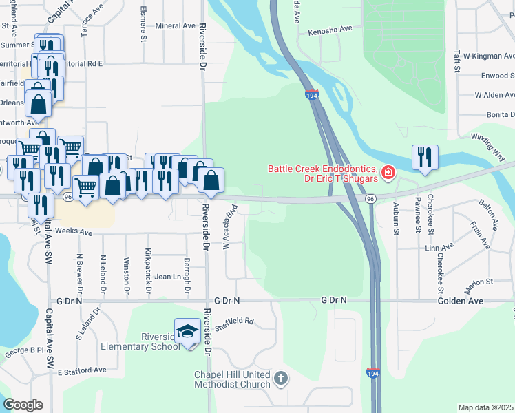 map of restaurants, bars, coffee shops, grocery stores, and more near 330 East Columbia Avenue in Battle Creek