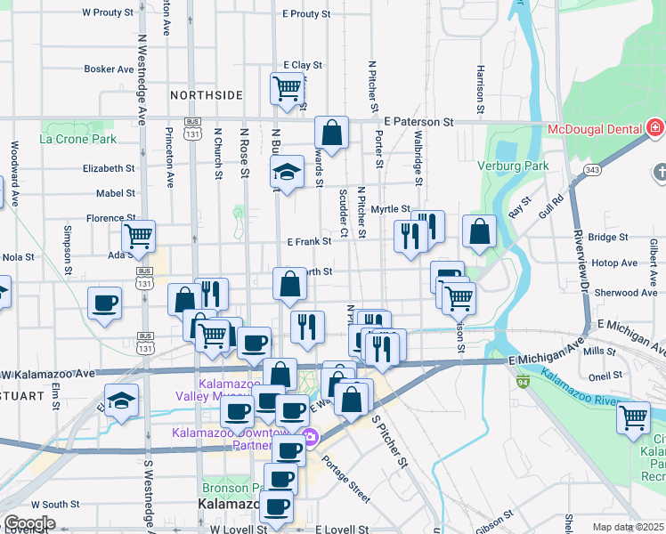 map of restaurants, bars, coffee shops, grocery stores, and more near 219 East North Street in Kalamazoo