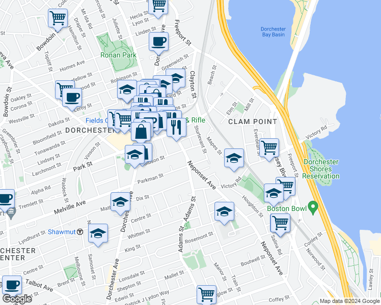 map of restaurants, bars, coffee shops, grocery stores, and more near 326 Adams Street in Boston