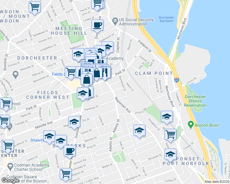 map of restaurants, bars, coffee shops, grocery stores, and more near 326 Adams Street in Boston