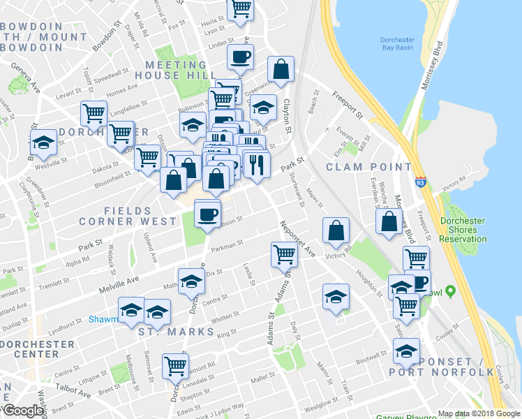 map of restaurants, bars, coffee shops, grocery stores, and more near 60 Gibson Street in Boston