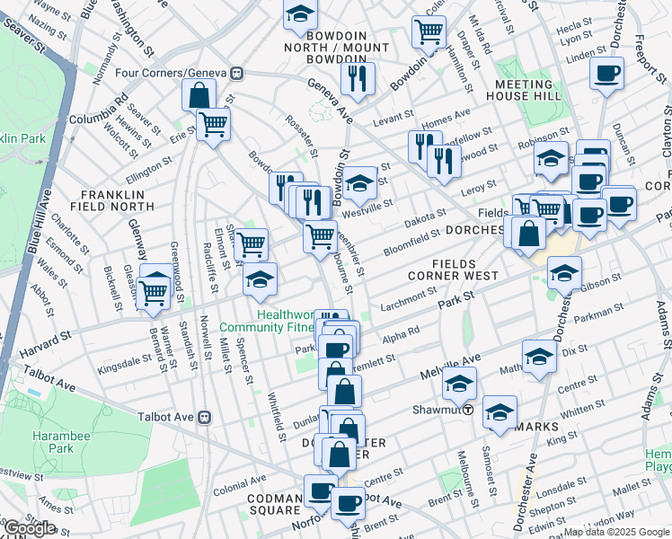 map of restaurants, bars, coffee shops, grocery stores, and more near 45 Greenbrier Street in Boston
