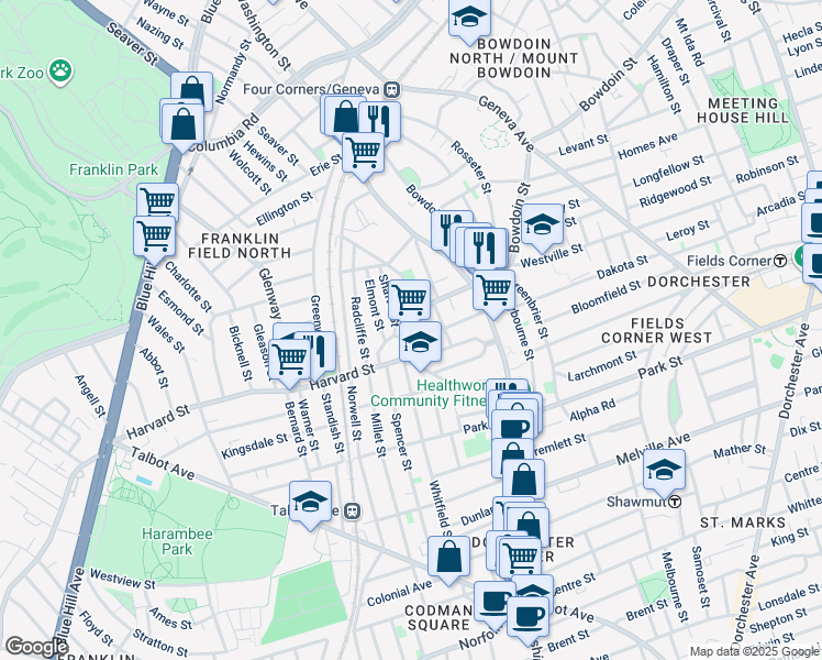 map of restaurants, bars, coffee shops, grocery stores, and more near 43 Harvard Avenue in Boston