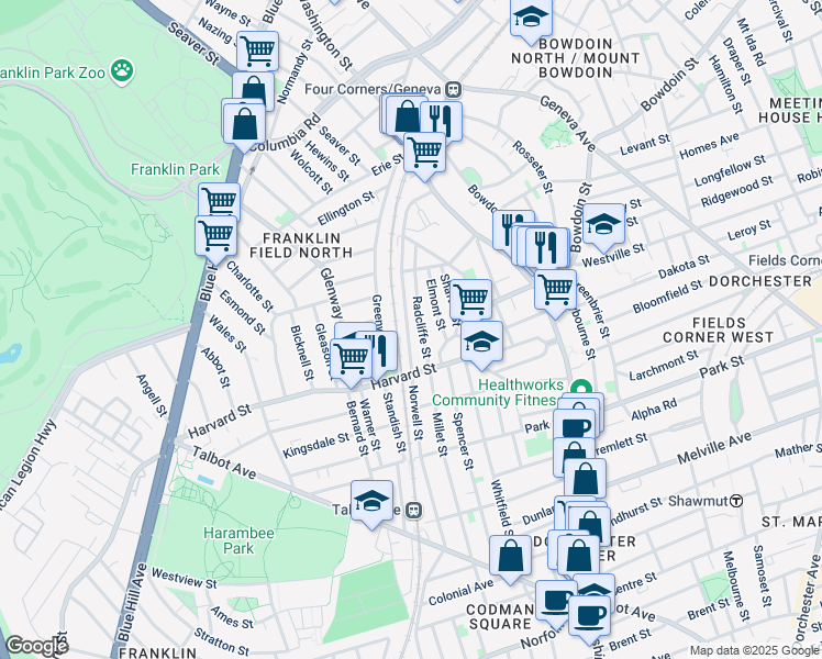 map of restaurants, bars, coffee shops, grocery stores, and more near 105 Norwell Street in Boston