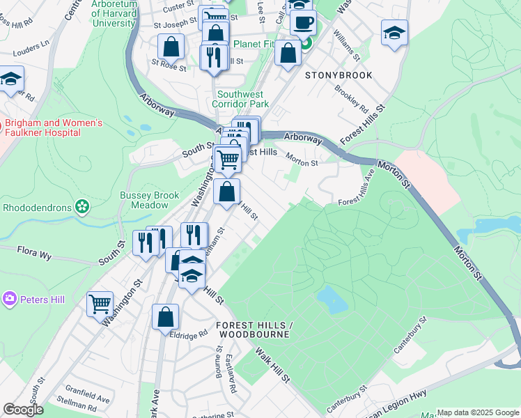 map of restaurants, bars, coffee shops, grocery stores, and more near 48 Woodlawn Street in Boston