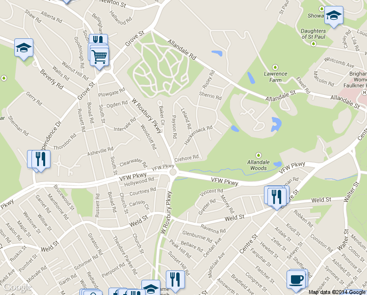 map of restaurants, bars, coffee shops, grocery stores, and more near 162 Payson Road in Brookline