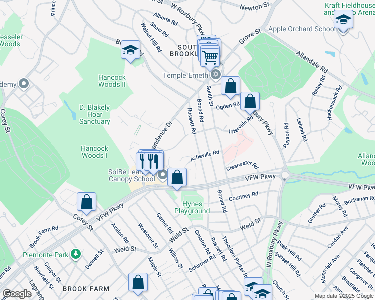 map of restaurants, bars, coffee shops, grocery stores, and more near 26 Thornton Road in Brookline