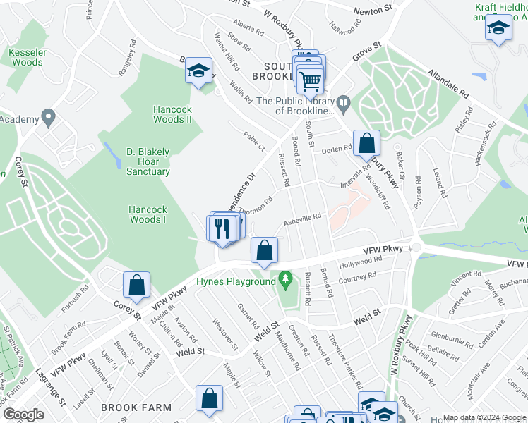 map of restaurants, bars, coffee shops, grocery stores, and more near 91 Thornton Road in Brookline