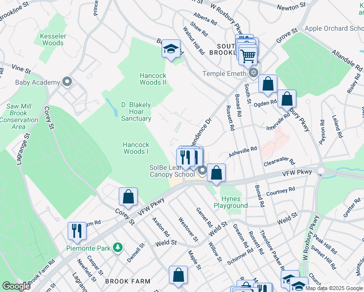 map of restaurants, bars, coffee shops, grocery stores, and more near 40 Sherman Road in Boston