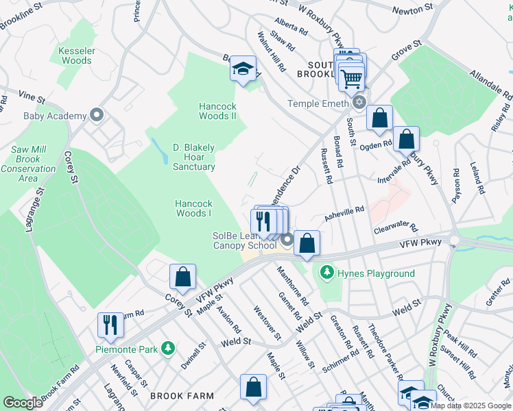 map of restaurants, bars, coffee shops, grocery stores, and more near 40 Sherman Road in Boston