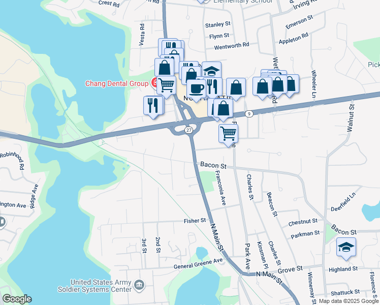 map of restaurants, bars, coffee shops, grocery stores, and more near 184 North Main Street in Natick