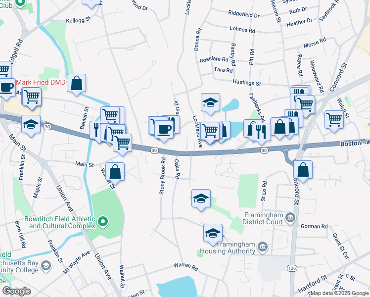 map of restaurants, bars, coffee shops, grocery stores, and more near 541 Massachusetts 30 in Framingham